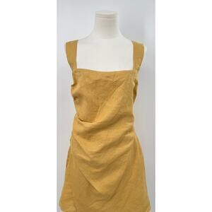 Reformation Kerrigan Yellow Gold Linen Mini Dress Sleeveless Ruched Short 10